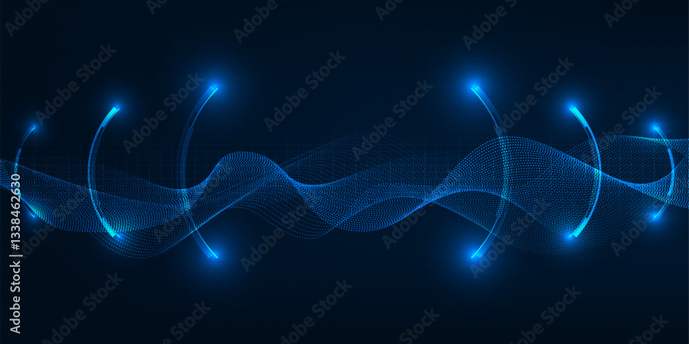 Fototapeta premium Vector illustration of futuristic blue digital high technology with circle hud and wireframe waveform for game and advertising artwork.Future tech design concepts.