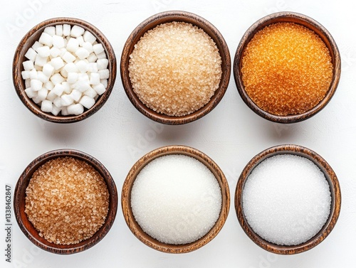 Various types of sugar displayed in wooden bowls, ideal for food styling and photography