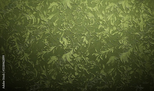 Olive green with leaf and flower pattern in embossed texture. Intricate floral design lends depth and visual appeal