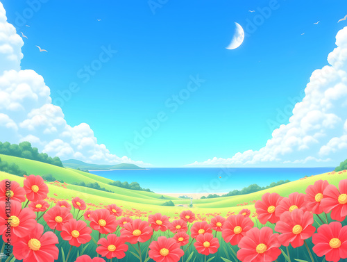 3D cartoon Spring meadow lovely pink flowers 3D natural background