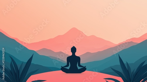Serene Meditation Scene with Silhouette Against Peaceful Mountain Landscape During Sunrise or Sunset