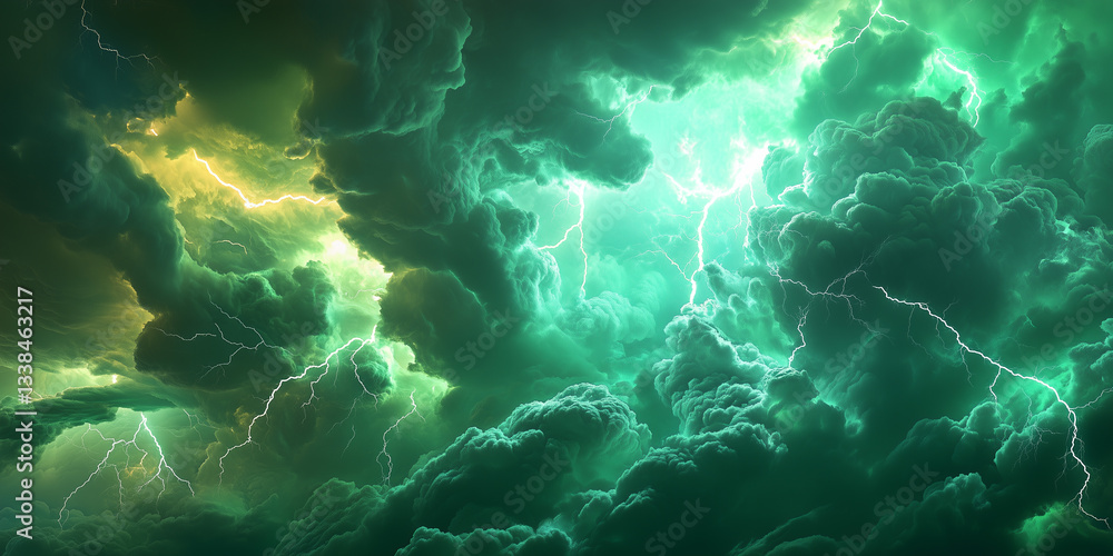 巨大な稲妻が雲間から閃く、緑色の雷雲と背景。 巨大な稲妻が雲間から閃く、緑色の雷雲と背景。