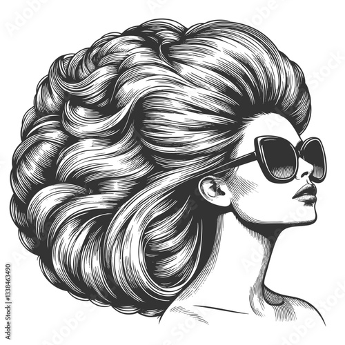 fashionable woman with voluminous hair wearing stylish sunglasses, exuding confidence and glamour sketch engraving generative ai vector illustration. Scratch board imitation. Black and white image.