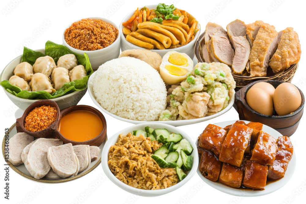 Assorted Asian Cuisine Platter with Rice and Dumplings Assorted Asian Cuisine Platter with Rice and Dumplings
