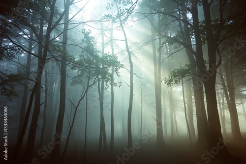 Wallpaper Mural Mist envelops tall trees as sunlight breaks through in a serene forest setting at dawn near the mountains Torontodigital.ca
