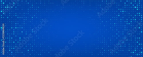 Trendy abstract background with digital pixel particles. Futuristic geometric style with vibrant blue color and glowing light effects. Modern halftone design. Great for banners, posters, presentation