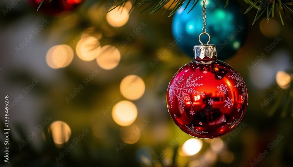 custom made wallpaper toronto digitalA Red Christmas Ornament Hanging on a Christmas Tree with Bokeh Lights