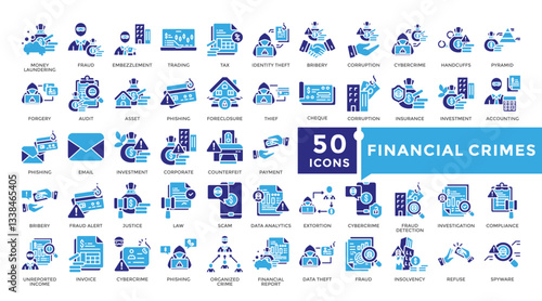 Financial crimes icon set in Glyph dual color style. Collection includes investigation, justice, trading, phishing, money laundering and more. Simple vector icon collection