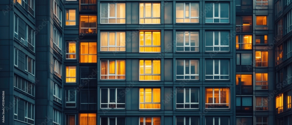 Nighttime view of a tall building with many lit-up windows, ideal for use in cityscape or urban architecture contexts Nighttime view of a tall building with many lit-up windows, ideal for use in cityscape or urban architecture contexts