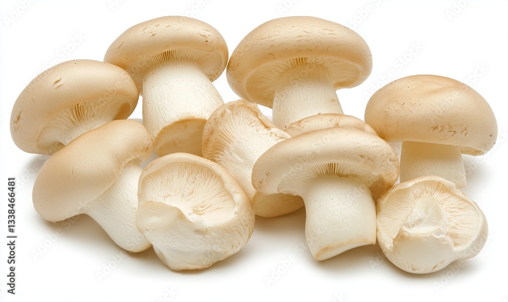 Pile of fresh, edible mushrooms with creamy beige caps and white stems, presented against a white background Pile of fresh, edible mushrooms with creamy beige caps and white stems, presented against a white background