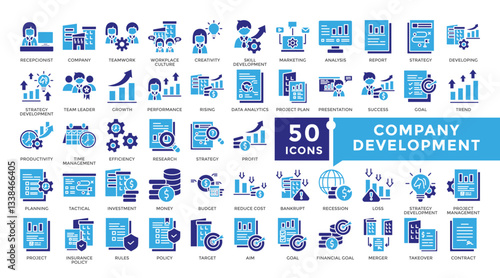 Company development icon set in Glyph style. Collection includes collaboration, goal, partnership, strategy, teamwork and more. Simple vector icon collection
