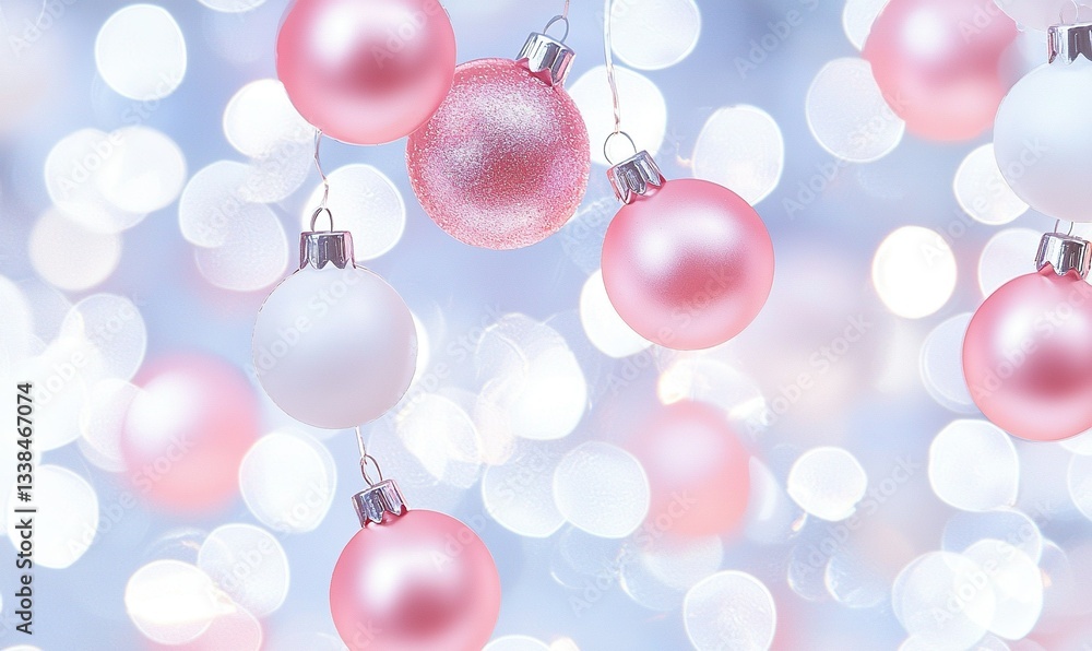 Fototapeta premium Pink and white ornaments hang amidst a backdrop of blurred, glowing white lights, perfect for festive celebrations