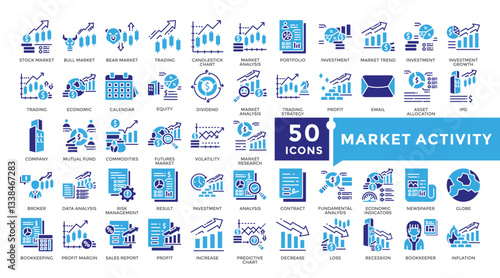 Market activity icon set in Glyph style. Collection includes audit, bookkeeping, profit, recession, inflation and more. Simple vector icon collection