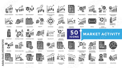 Market activity icon set in Glyph dual color style. Collection includes audit, bookkeeping, profit, recession, inflation and more. Simple vector icon collection