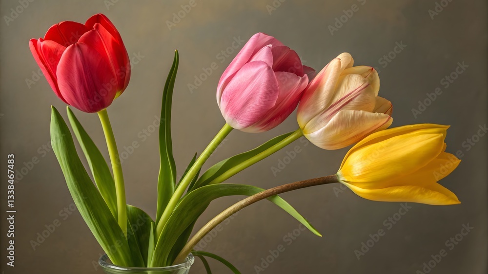 Elegant Still Life of Colorful Tulips in a Glass Vase
Elegant Still Life of Colorful Tulips in a Glass Vase