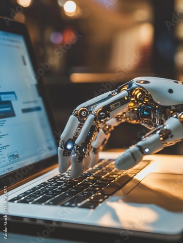 A robotic hand typing on a laptop keyboard