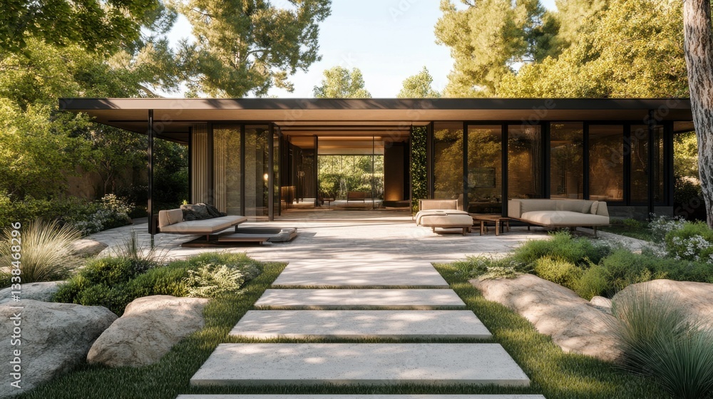 A luxurious modern single-story mansion with a private entrance, stylish outdoor seating, and contemporary landscaping. A luxurious modern single-story mansion with a private entrance, stylish outdoor seating, and contemporary landscaping.