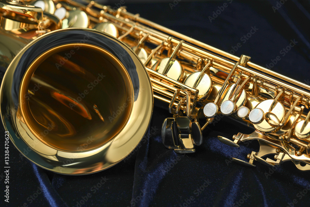Fototapeta premium Jazz. One beautiful saxophone on black background, closeup