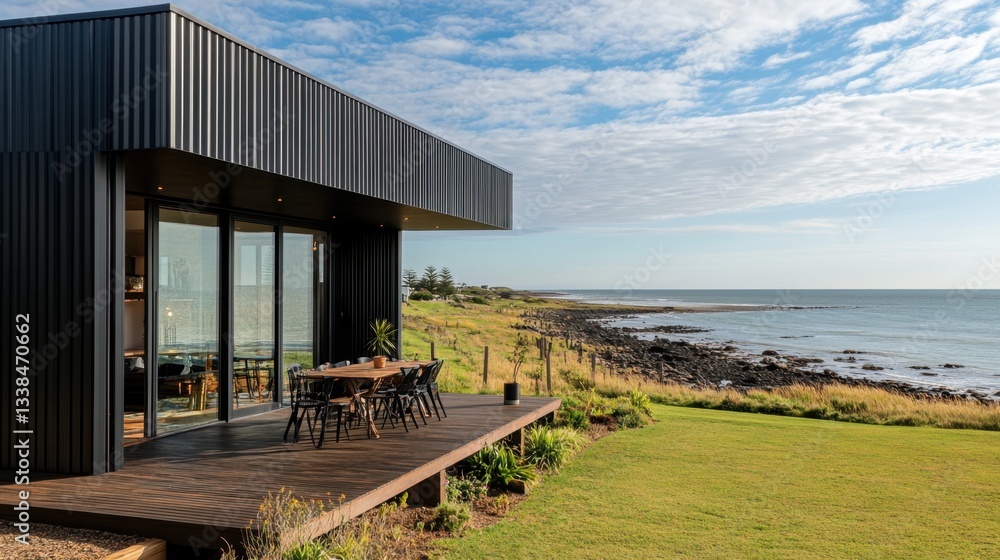 A luxurious waterfront box house with a sleek black facade, expansive glass doors, and a scenic ocean view. A luxurious waterfront box house with a sleek black facade, expansive glass doors, and a scenic ocean view.