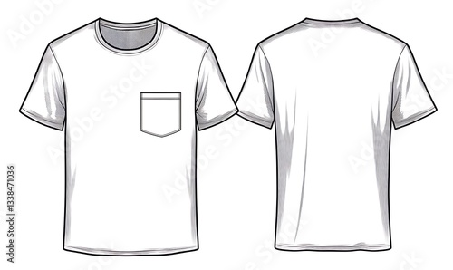 Short sleeve t-shirt T shirt with pocket design template, front and back view. Blank T Shirt for mockup, vector illustration.