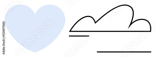 Blue heart beside clean-lined cloud and linear elements, symbolizing love, nature, calm. Ideal for environment, weather, health, love relationships minimalism mindfulness. Flat simple metaphor