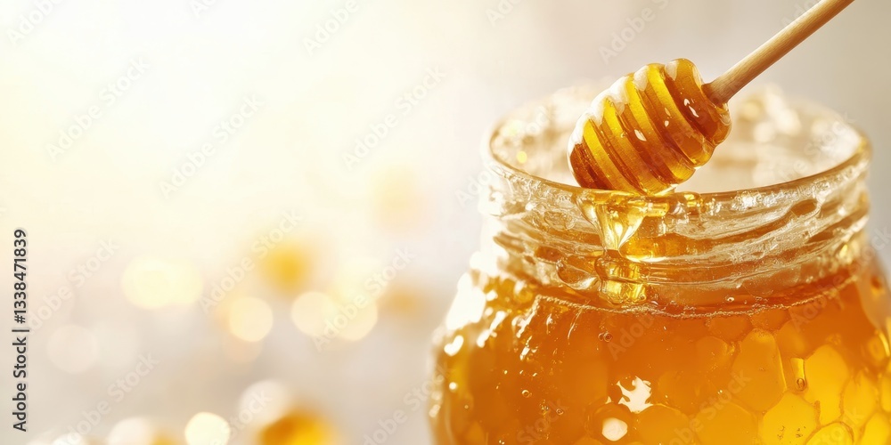 Liquid Gold: A close-up of a honey jar, with a honey dipper suspended above, showcasing the pure gold hue and the intricate details of the viscous liquid and the dipper. Liquid Gold: A close-up of a honey jar, with a honey dipper suspended above, showcasing the pure gold hue and the intricate details of the viscous liquid and the dipper.