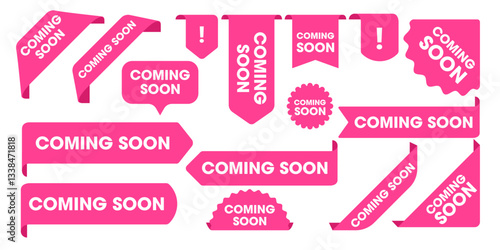 Coming Soon promo banners, stickers and tag labels. Vector isolated red pink shop or store banners and ribbon signs