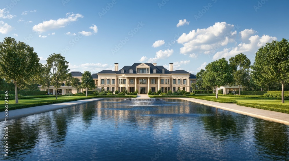 A luxury mansion with a beautifully manicured garden, featuring a symmetrical layout and a modern water feature. A luxury mansion with a beautifully manicured garden, featuring a symmetrical layout and a modern water feature.