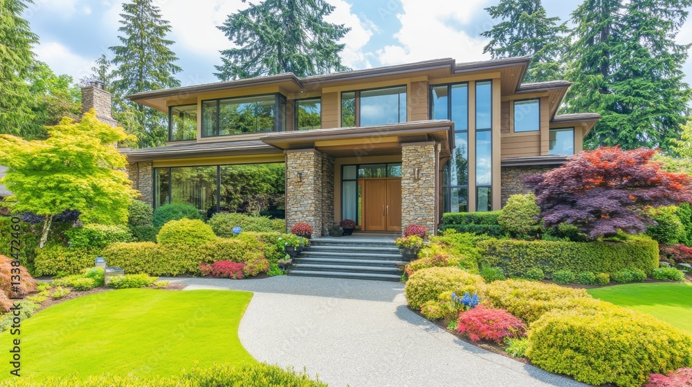 Fototapeta premium A luxury modern home exterior with a stone facade, large glass windows, and a beautifully landscaped front yard.