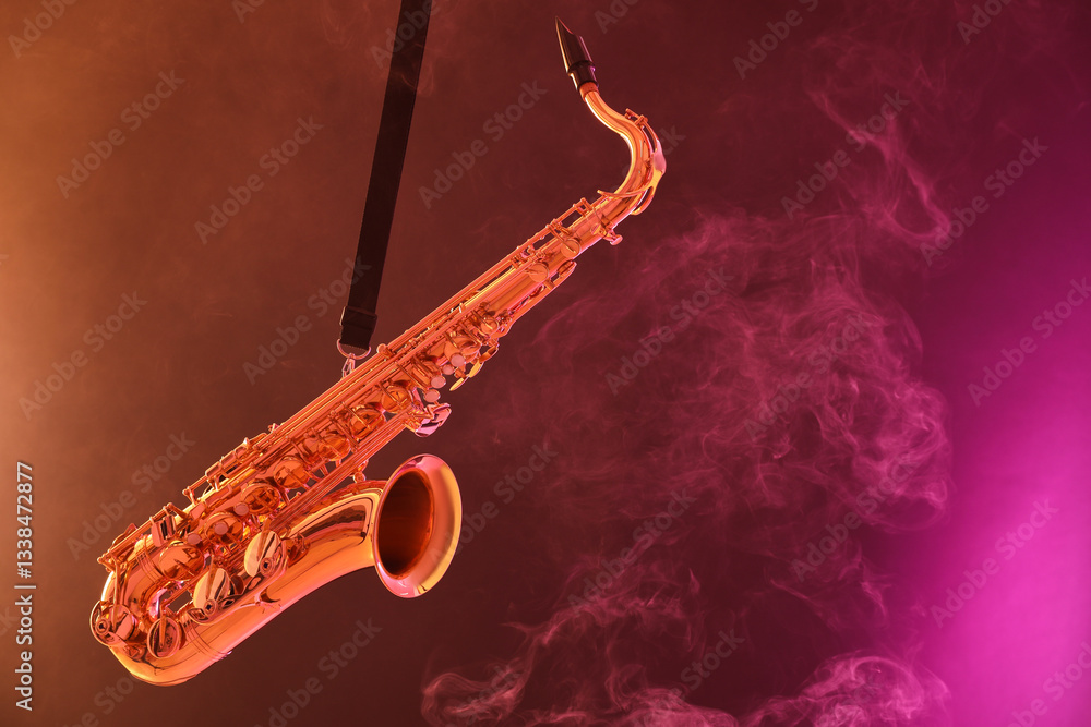 Obraz premium Golden saxophone on color background with smoke. Space for text