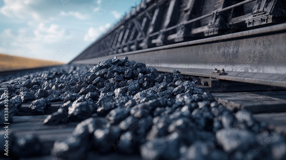 Fototapeta premium ESG Business Risk, Coal scattered on railway track under bridge