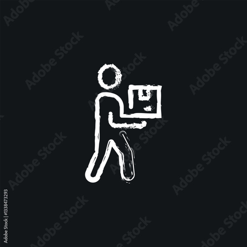 Courier. Man with Parcel chalk icon. Vector isolated black illustration.