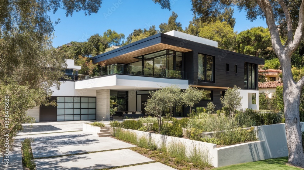 Fototapeta premium A minimalist modern house with a bold black and white exterior, sleek geometric forms, and elegant landscaping.