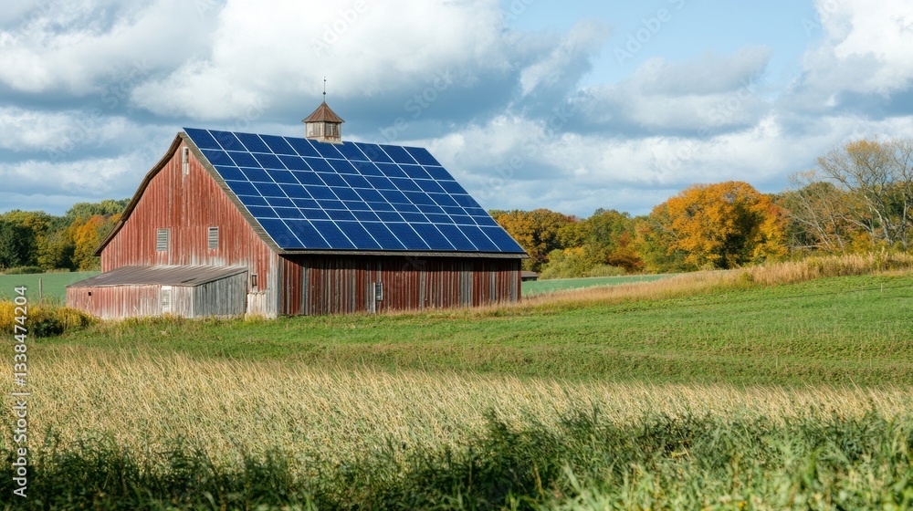 Obraz premium Solar panels installed on old barn in rural farmland