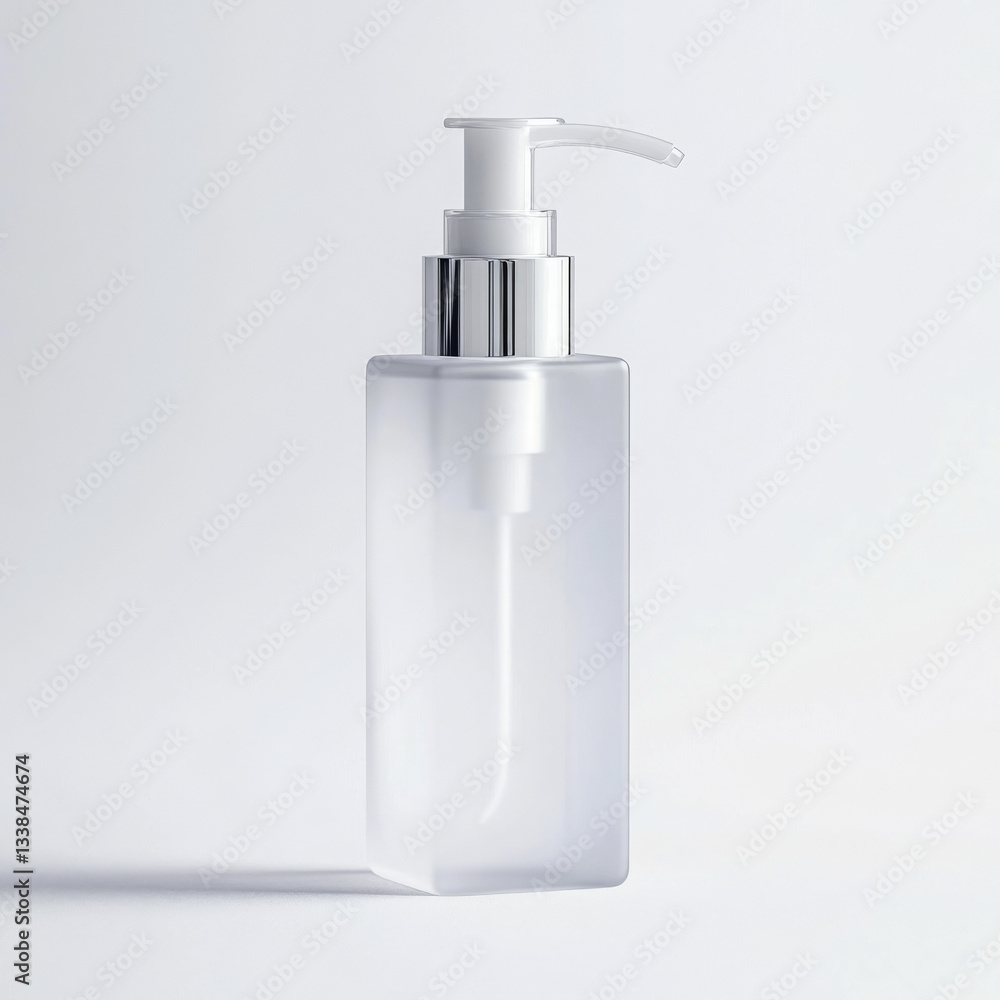 Obraz premium Clear glass bottle with pump, ideal for commercial product graphy, showcasing elegance and