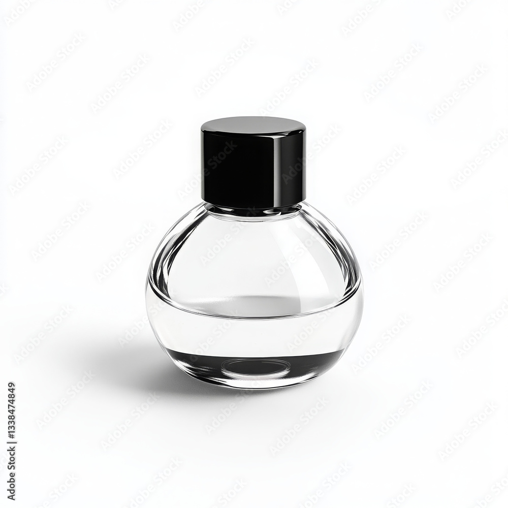 Clear glass bottle with black cap, ideal for commercial, product, graphy showcasing Clear glass bottle with black cap, ideal for commercial, product, graphy showcasing