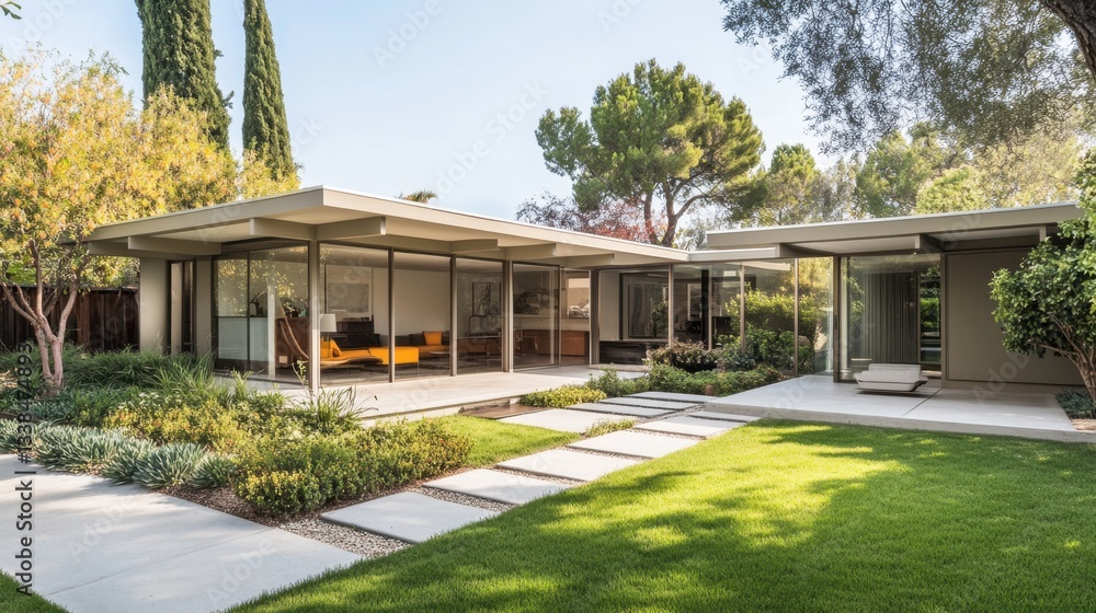 A modern, cube-shaped single-story house with a flat roof, minimalist landscaping, and an open patio space. A modern, cube-shaped single-story house with a flat roof, minimalist landscaping, and an open patio space.