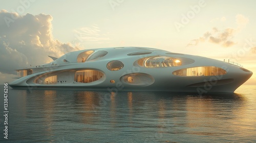 Wallpaper Mural Futuristic yacht at sunset.  Spacious, organic design, with  large windows and unique hull shape Torontodigital.ca