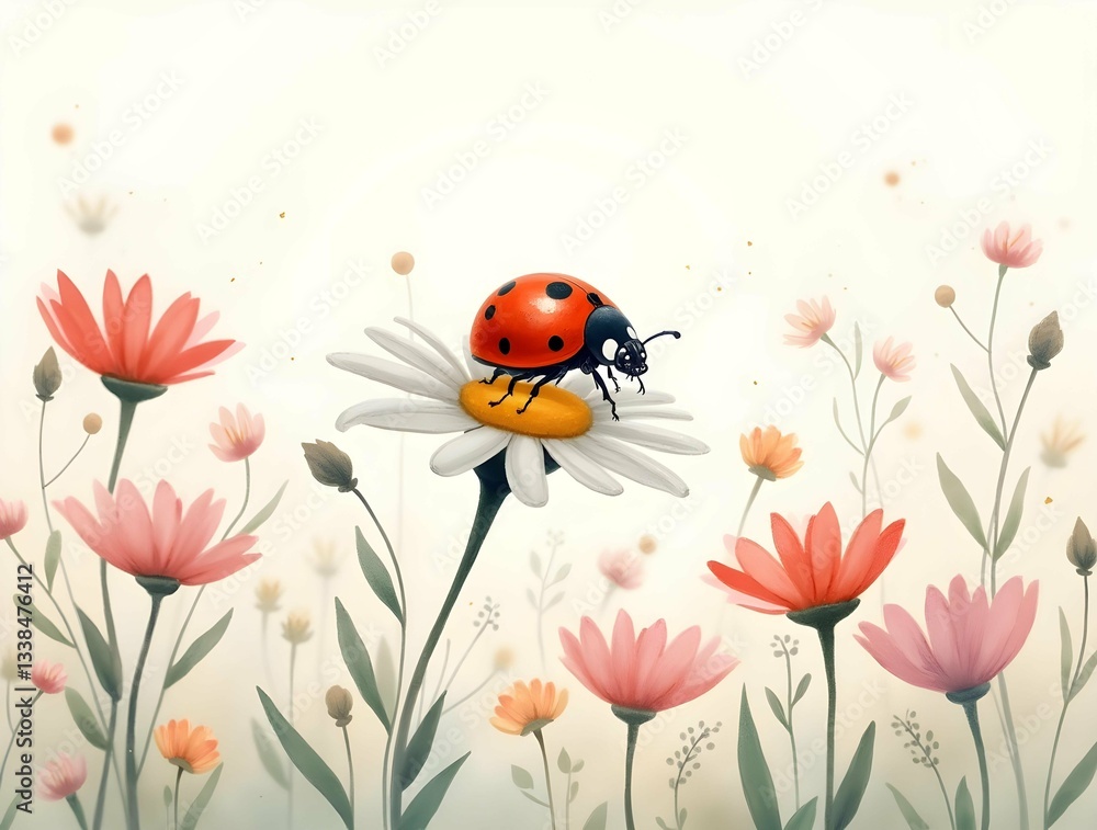 Watercolor painting of a ladybug on a daisy amidst a field of delicate flowers Watercolor painting of a ladybug on a daisy amidst a field of delicate flowers