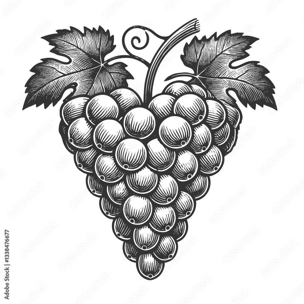 Obraz premium Heart shaped bunch of grapes with detailed leaves, classic botanical illustration style and traditional fruit etching sketch engraving generative ai raster. Scratch board imitation. Black and white.