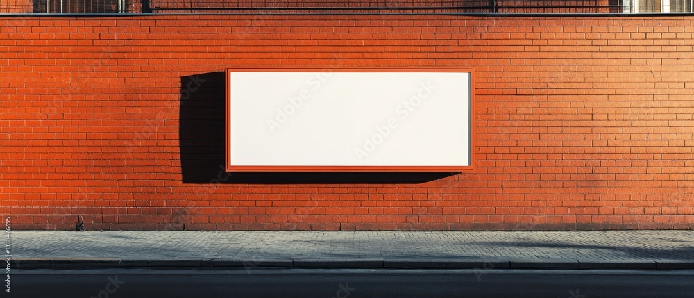 Empty white billboard on a red brick wall beside a sidewalk Empty white billboard on a red brick wall beside a sidewalk