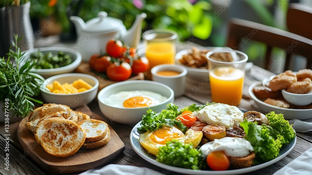 Healthy breakfast with fried eggs, vegetables, toast and orange juice on a wooden table Healthy breakfast with fried eggs, vegetables, toast and orange juice on a wooden table