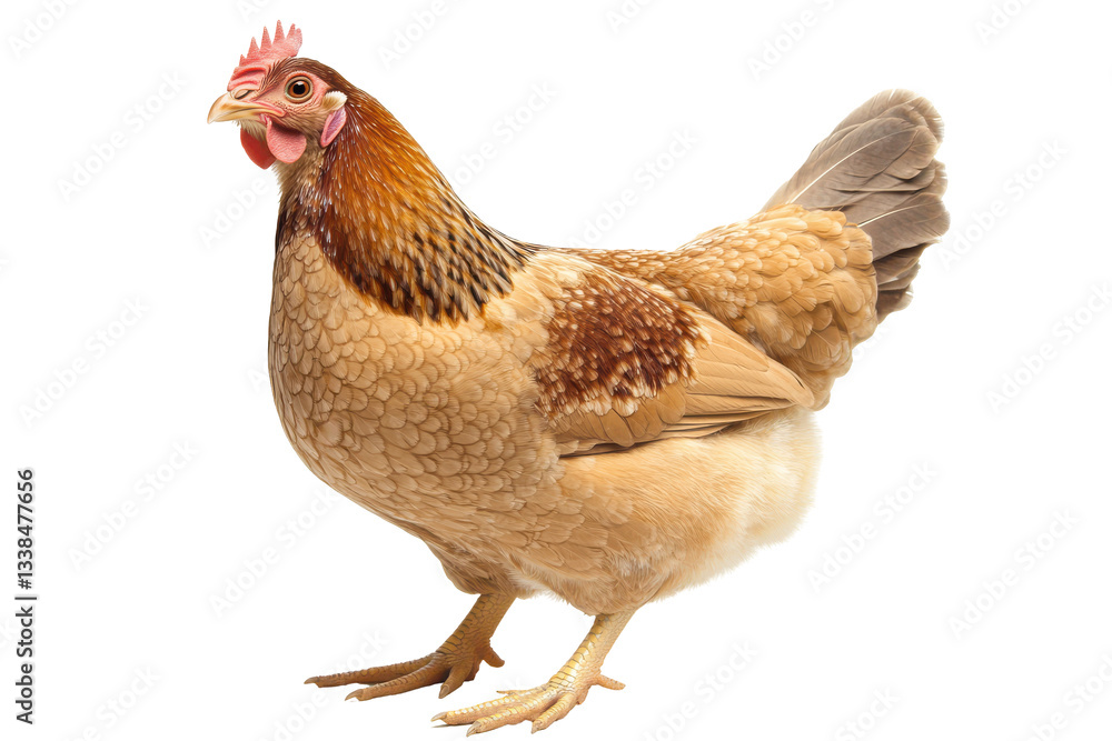 Fototapeta premium Brown hen standing on a white background, showcasing feathers