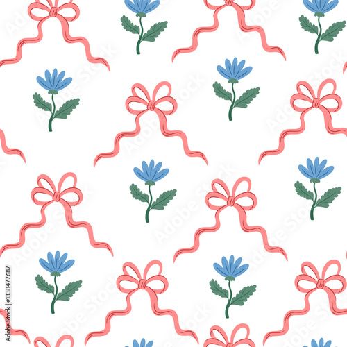 Coquette trellis floral seamless pattern with bows and ribbons. Preppy floral bouquet background. Vintage design for fabric, wallpaper or wrapping paper. Vector botanical elegant trendy print