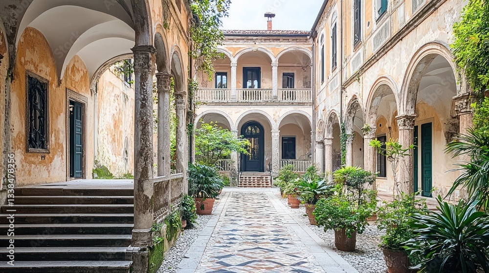 Obraz premium An ornate courtyard framed by arched walkways and stone columns