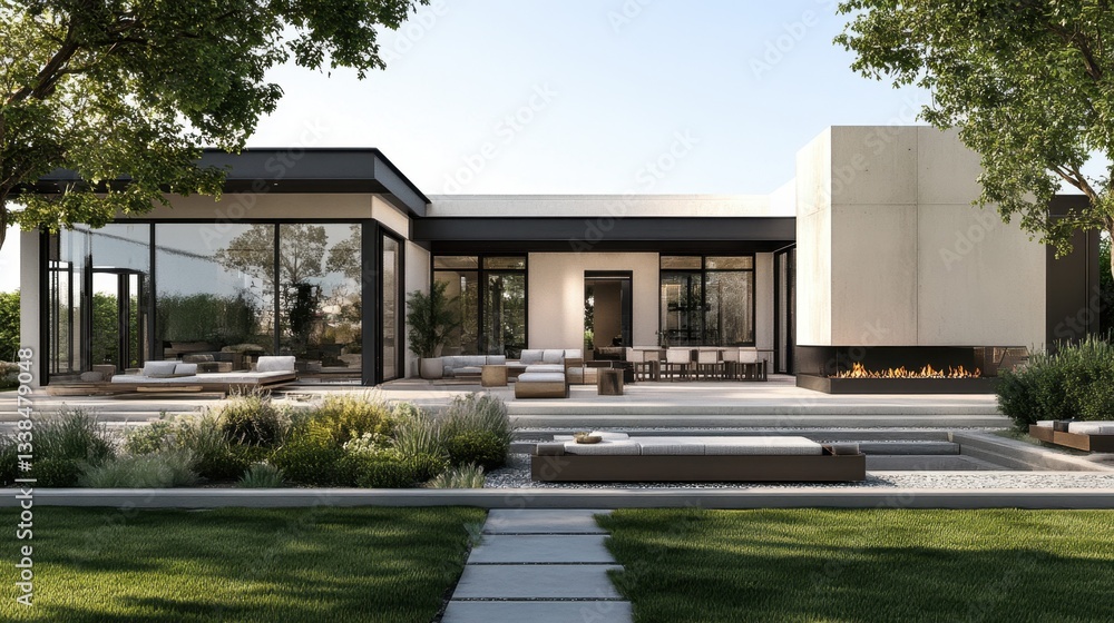 A modern single-story house with an extended shaded patio, outdoor fireplace, and sophisticated landscape design. A modern single-story house with an extended shaded patio, outdoor fireplace, and sophisticated landscape design.