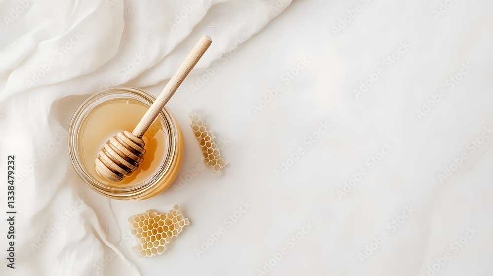 Fototapeta premium Honey Jar Wooden Dipper Honeycomb White Fabric Background