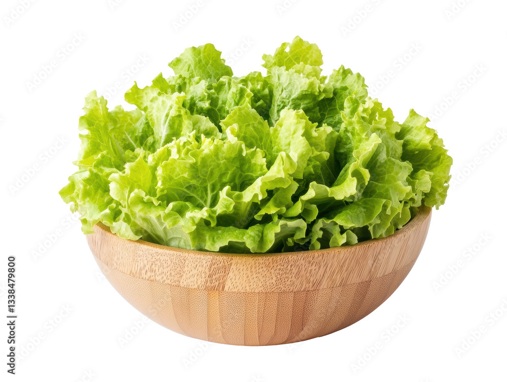 Fresh green lettuce in a wooden bowl ready for salad preparation on a transparent background, cut out Fresh green lettuce in a wooden bowl ready for salad preparation on a transparent background, cut out