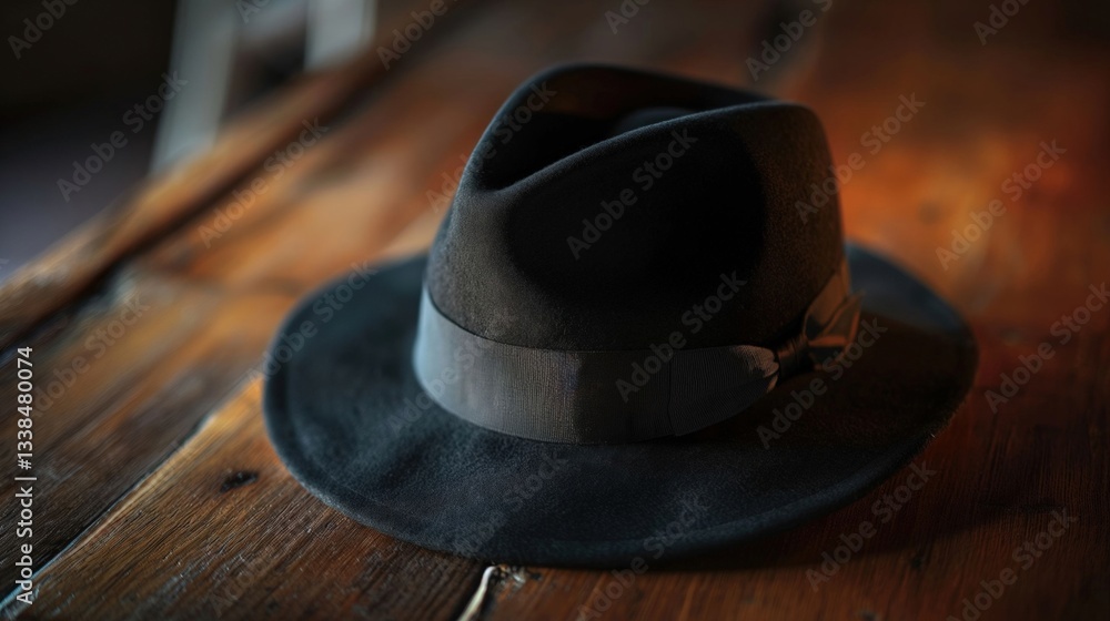 A stylish black fedora hat resting on a rustic wooden table. A stylish black fedora hat resting on a rustic wooden table.