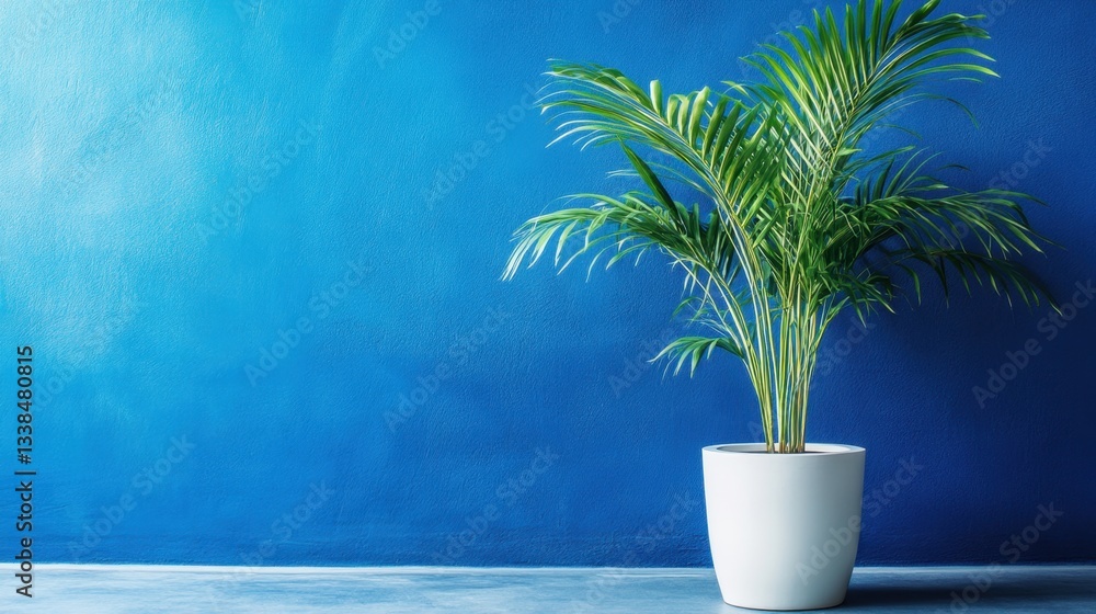A large palm plant in a sleek white pot against a bold electric blue background A large palm plant in a sleek white pot against a bold electric blue background